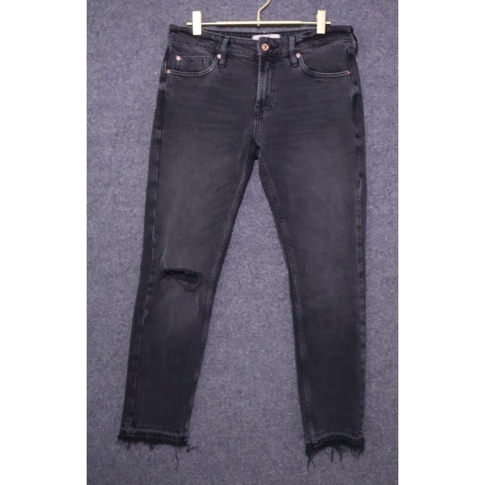 We The Free People Black Denim Distressed Stretch Cuffed Slim Boyfriend Jeans 26